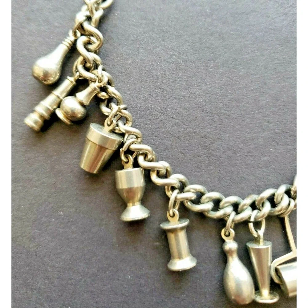 Vintage Enco Industrial Brutalist Charm Bracelet W/ 15 Charms  A1-12